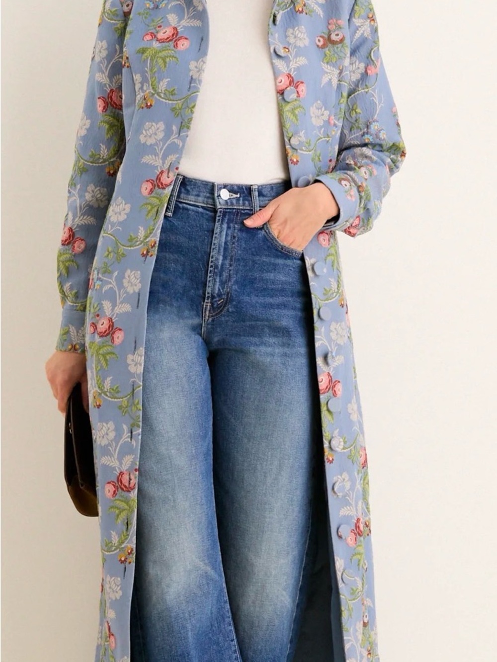 Light Blue Floral Long Coat- Will fit more Sz Large/ XL - Picture 6 of 16